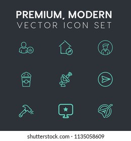 Modern, simple vector icon set on dark grey background with man, string, property, musical, sign, music, boy, shop, coffee, people, real, folk, increase, business, status, network, web, young icons