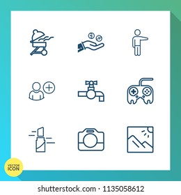 Modern, simple vector icon set on gradient background with food, makeup, camera, pointing, coin, fire, handle, grill, photography, showing, hand, meat, sign, bathroom, sink, travel, photo, add icons