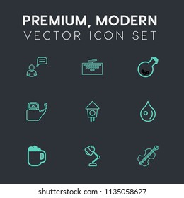 Modern, simple vector icon set on dark grey background with cup, drink, liquid, tool, message, music, internet, cello, communication, laptop, equipment, home, abstract, medicine, interior, mug icons