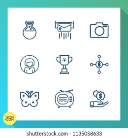Modern, simple vector icon set on gradient background with camera, photo, television, face, competition, wing, nature, investment, envelope, championship, tool, dollar, science, photography, tv icons