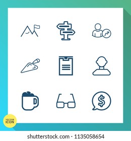 Modern, simple vector icon set on gradient background with drink, tag, hanger, cafe, circle, sign, label, web, mug, doorknob, box, internet, construction, chart, male, price, dont, hotel, eye icons