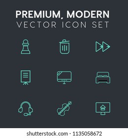 Modern, simple vector icon set on dark grey background with people, challenge, online, strategy, trash, game, horse, double, bedroom, house, musical, rewind, music, success, laptop, technology icons