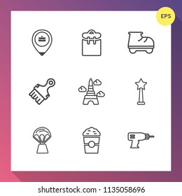 Modern, simple vector icon set on gradient background with coffee, landmark, sky, young, sport, pretty, medal, people, business, work, white, person, france, tower, eiffel, map, cafe, drill,  icons