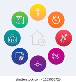 Modern, simple vector icon set on colorful circle backgrounds with business, real, property, bugle, location, surf, achievement, award, sale, timer, satellite, housing, surfer, watch, global icons