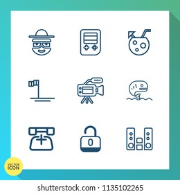 Modern, simple vector icon set on gradient background with food, white, microphone, audio, security, head, protection, seafood, mexico, technology, cocktail, call, beach, baja, funny, lens, fish icons