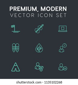 Modern, simple vector icon set on dark grey background with mexico, sign, view, beach, , ocean, sound, work, travel, environment, clock, wood, hour, cello, classical, internet, sea of cortes icons