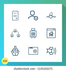 Modern, simple vector icon set on gradient background with surfer, airport, telephone, file, baggage, estate, money, travel, surf, bill, mobile, pay, cell, financial, boat, blank, tropical, bank icons