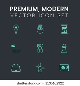 Modern, simple vector icon set on dark grey background with hat, lab, kitchen, time, restaurant, dinner, finance, head, navigation, medicine, money, cap, cash, fork, ocean, pin, chess, baja, red icons