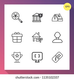 Modern, simple vector icon set on gradient background with estate, money, bank, sign, cash, present, internet, financial, property, row, rent, finance, award, concept, architecture, search, game icons