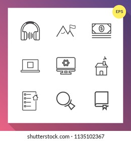 Modern, simple vector icon set on gradient background with web, audio, find, estate, home, earphone, banking, white, equipment, bank, search, coin, computer, book, summer, internet, cash, rock icons