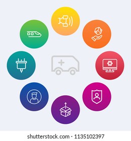 Modern, simple vector icon set on colorful circle backgrounds with ambulance, locomotive, electricity, city, care, protection, unpacking, transport, home, cardboard, package, railroad, cellphone icons