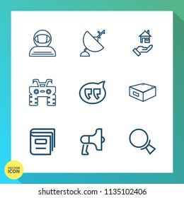 Modern, simple vector icon set on gradient background with find, spaceman, wireless, speech, library, signal, magnifying, communication, drawer, house, equipment, wheel, estate, atv, chat, loud icons