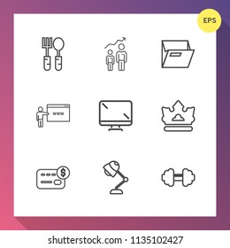 Modern, simple vector icon set on gradient background with table, crown, balance, dinner, meal, technology, office, food, credit, kitchen, internet, electricity, lamp, card, king, fork, sport icons