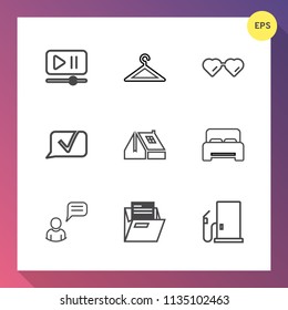 Modern, simple vector icon set on gradient background with white, volume, house, window, vision, roof, office, person, folder, blank, communication, modern, bedroom, oil, paper, bed, play, video icons