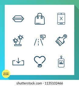 Modern, simple vector icon set on gradient background with cord, subscription, stop, cable, tomato, retail, traffic, web, love, nature, meal, remote, buy, gift, fashion, connection, lettuce, bun icons