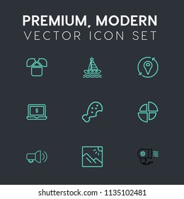 Modern, simple vector icon set on dark grey background with screen, hair, food, cruise, fast, sign, blue, template, landscape, sea, laptop, water, front, travel, pie, yacht, megaphone, cotton icons