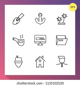 Modern, simple vector icon set on gradient background with tool, house, paper, screwdriver, sea, ocean, hammer, nature, nautical, shovel, classic, web, ship, pipe, medal, tropical, equipment, wc icons