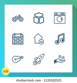 Modern, simple vector icon set on gradient background with washer, money, rocket, launch, ride, house, guitar, hand, cube, cycle, space, property, sound, transport, business, coin, timetable icons