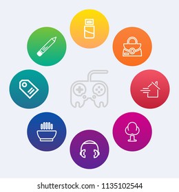 Modern, simple vector icon set on colorful circle backgrounds with computer, pen, music, plug, dinner, headphone, property, button, stationery, tag, soup, dish, rent, style, nature, sound, bag icons