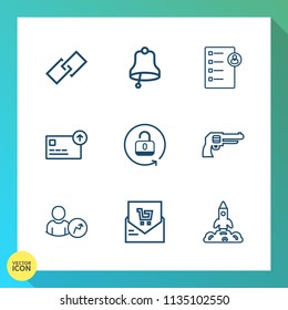 Modern, simple vector icon set on gradient background with unlock, interface, receipt, rocket, bill, lock, space, cash, alarm, ring, protection, list, supermarket, account, money, finance, open icons