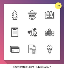 Modern, simple vector icon set on gradient background with ice, ball, industrial, character, cream, trunk, storage, page, financial, paper, cartoon, smile, banking, landscape, flight, plastic icons