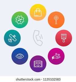 Modern, simple vector icon set on colorful circle backgrounds with eye, home, education, white, offer, phone, book, communication, travel, label, fashion, price, buy, smartphone, literature, fan icons