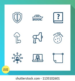 Modern, simple vector icon set on gradient background with key, book, old, secure, ocean, guard, travel, note, announcement, megaphone, calligraphy, sea, graphic, vintage, vessel, video, rocket icons