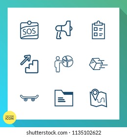 Modern, simple vector icon set on gradient background with loudspeaker, pin, shipment, people, help, business, life, downstairs, upstairs, office, meeting, rescue, location, sign, down, loud, up icons