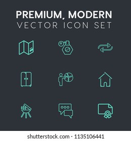 Modern, simple vector icon set on dark grey background with global, businessman, people, cosmetic, architecture, diploma, europe, planet, earth, liquid, furniture, map, meeting, achievement, bbq icons