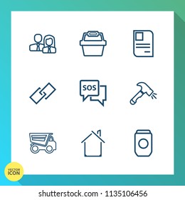 Modern, simple vector icon set on gradient background with shovel, tipper, equipment, metal, basket, personal, estate, object, staff, company, food, team, truck, emergency, white, dumper, work icons