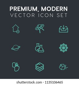 Modern, simple vector icon set on dark grey background with vehicle, planet, orbit, technology, cigarette, business, nautical, sign, object, fire, removal, medicine, helm, shipping, data, alien icons