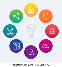 Modern, simple vector icon set on colorful circle backgrounds with pole, online, light, computer, social, screen, transport, field, shirt, phone, media, protection, magnetic, open, element, sign icons