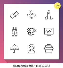 Modern, simple vector icon set on gradient background with arrow, rain, protection, location, hair, diagnostic, security, shuttle, science, open, space, doctor, sign, link, wear, launch, uniform icons