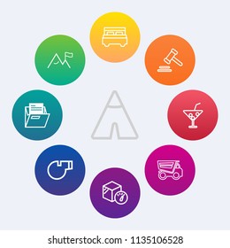 Modern, simple vector icon set on colorful circle backgrounds with office, mountain, outdoor, summer, element, nature, double, interior, legal, courthouse, box, package, whistle, paper, camp icons