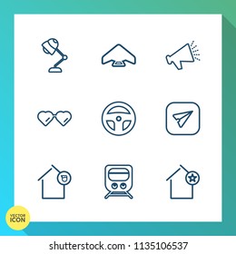Modern, simple vector icon set on gradient background with landlord, transportation, fashion, laboratory, air, sky, equipment, tool, email, technology, interior, message, house, apartment, sound icons