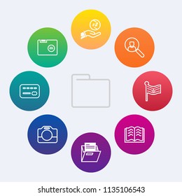Modern, simple vector icon set on colorful circle backgrounds with online, blank, bank, flag, business, handle, financial, open, cash, credit, currency, nation, technology, dollar, search, file icons