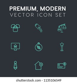 Modern, simple vector icon set on dark grey background with galaxy, technology, spaceship, landlord, fashion, short, east, direction, credit, money, north, white, compass, rocket, space, bank icons