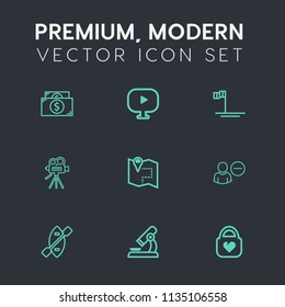 Modern, simple vector icon set on dark grey background with cash, baja, location, boat, camera, ocean, leather, button, road, microscope, mexico, retro, currency, canoe, sign, tripod, water, map icons