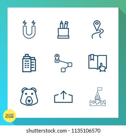 Modern, simple vector icon set on gradient background with tower, castle, real, white, estate, book, drawing, location, school, field, north, architecture, web, south, download, box, medieval icons