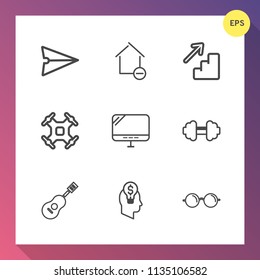 Modern, simple vector icon set on gradient background with optical, helicopter, message, house, concert, fitness, sound, idea, apartment, new, pc, exercise, property, phone, upstairs, smartphone icons