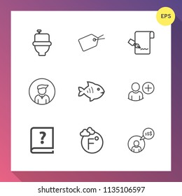 Modern, simple vector icon set on gradient background with pen, food, boy, document, male, sale, freelancer, tag, washroom, seafood, work, add, note, business, sea, sanitary, sign, user, fish icons