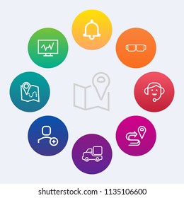 Modern, simple vector icon set on colorful circle backgrounds with clinic, health, transportation, fashion, web, headset, sign, vehicle, city, hospital, technology, travel, user, account, office icons