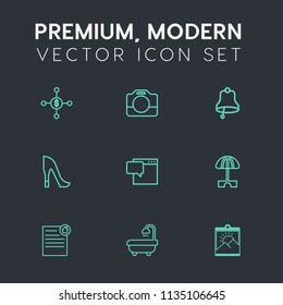 Modern, simple vector icon set on dark grey background with money, camera, high, blank, contract, dollar, frame, chat, document, film, interior, business, alarm, video, picture, summer, female icons