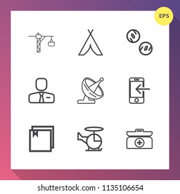 Modern, simple vector icon set on gradient background with transportation, communication, transport, construction, cross, helicopter, technology, drill, camp, aircraft, box, kit, tent, file, aid icons