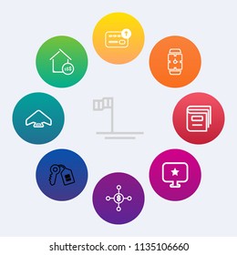 Modern, simple vector icon set on colorful circle backgrounds with sea of cortes, money, bank, price, home, dollar, currency, extreme, property, computer, housing, beach, sky, security, door icons