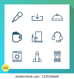 Modern, simple vector icon set on gradient background with sand, support, fuel, headset, mic, appliance, shuttle, housework, hour, gas, button, travel, space, call, washer, gasoline, luggage icons