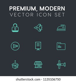 Modern, simple vector icon set on dark grey background with protection, new, safety, lock, jetliner, plane, aircraft, cardboard, safe, military, ironing, war, people, jet, padlock, security, web icons