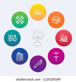 Modern, simple vector icon set on colorful circle backgrounds with control, propeller, dump, coconut, real, building, business, boat, estate, hand, leaf, cafe, summer, palm, unpacking, tipper icons
