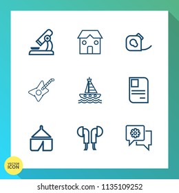 Modern, simple vector icon set on gradient background with guitar, card, camp, water, laboratory, tape, biology, business, building, identity, research, microscope, id, architecture, boat, music icons