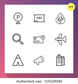 Modern, simple vector icon set on gradient background with speaker, nature, tree, background, board, sign, aircraft, chalk, urban, environment, voice, traffic, money, business, street, vehicle icons